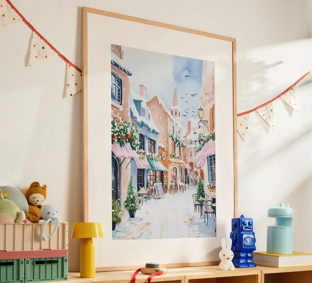 Acquerello di un caffè europeo innevato poster con telaio in alluminio da Melloi Art Print
