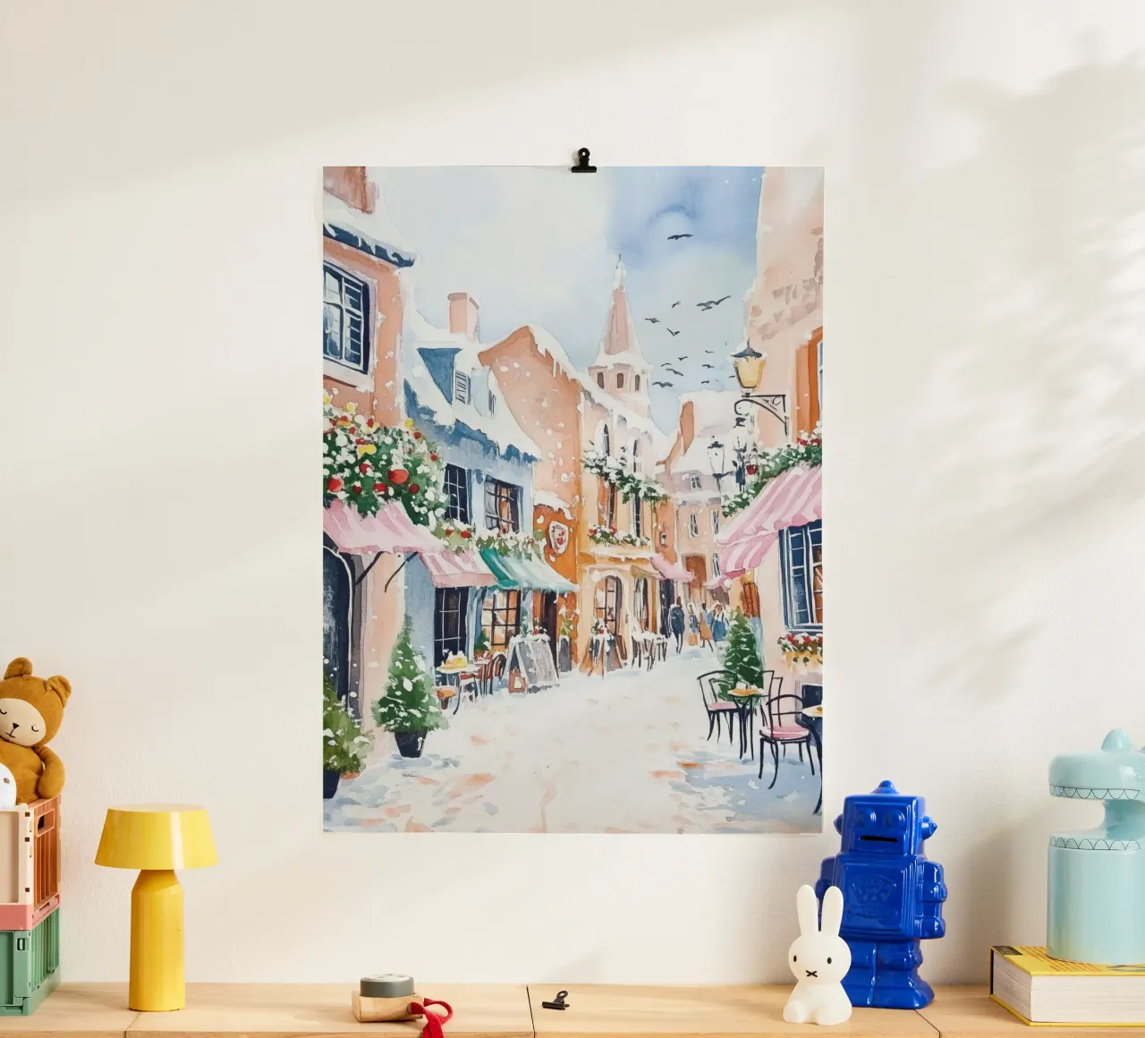 Acquerello di un caffè europeo innevato poster con telaio in alluminio da Melloi Art Print
