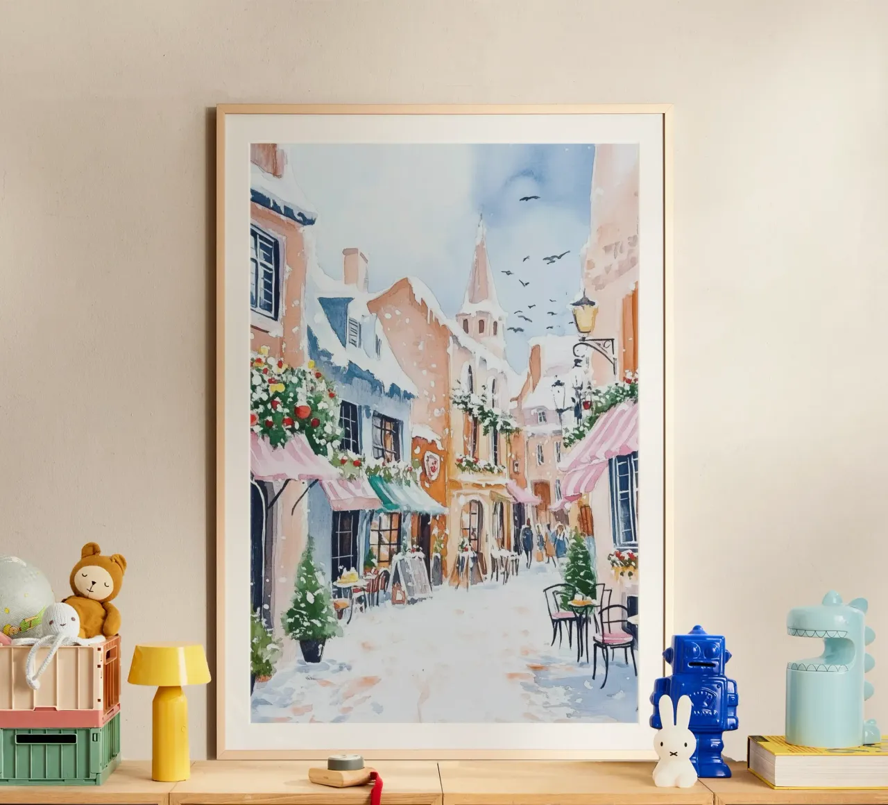 Acquerello di un caffè europeo innevato poster con telaio in alluminio da Melloi Art Print