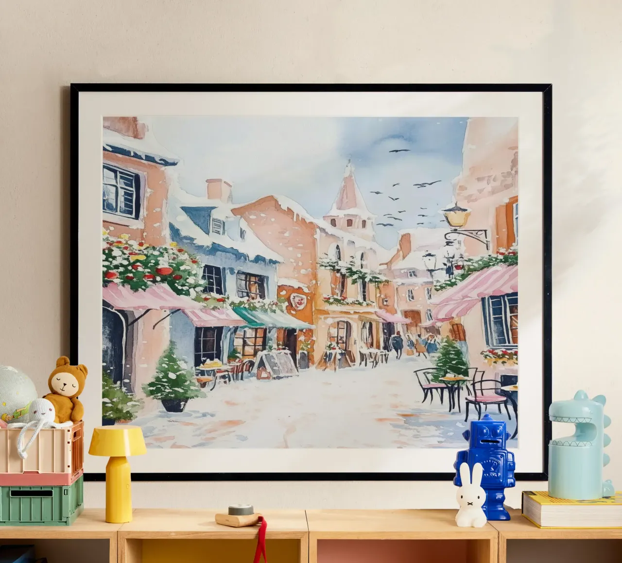 Acquerello di un caffè europeo innevato poster con telaio in alluminio da Melloi Art Print