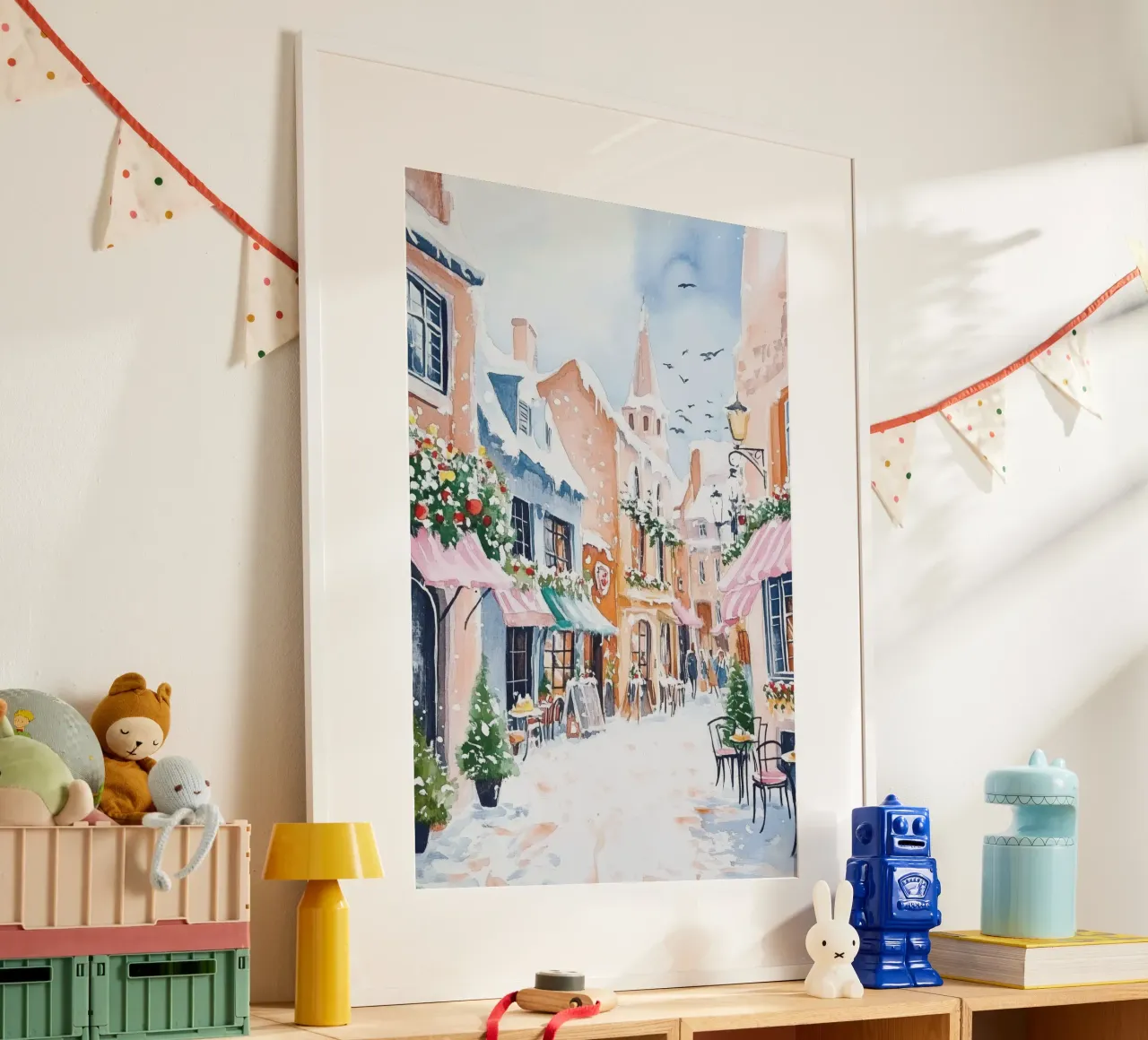Acquerello di un caffè europeo innevato poster con telaio in alluminio da Melloi Art Print