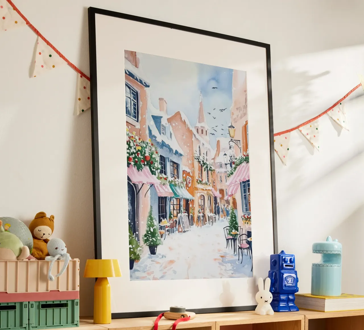 Acquerello di un caffè europeo innevato poster con telaio in alluminio da Melloi Art Print
