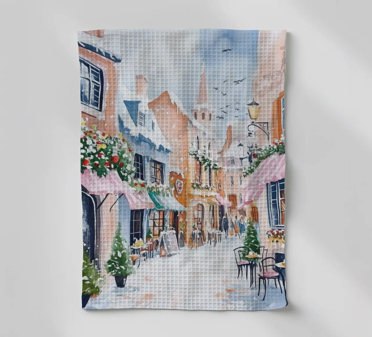 Acquerello di un caffè europeo innevato canovaccio da cucina da Melloi Art Print