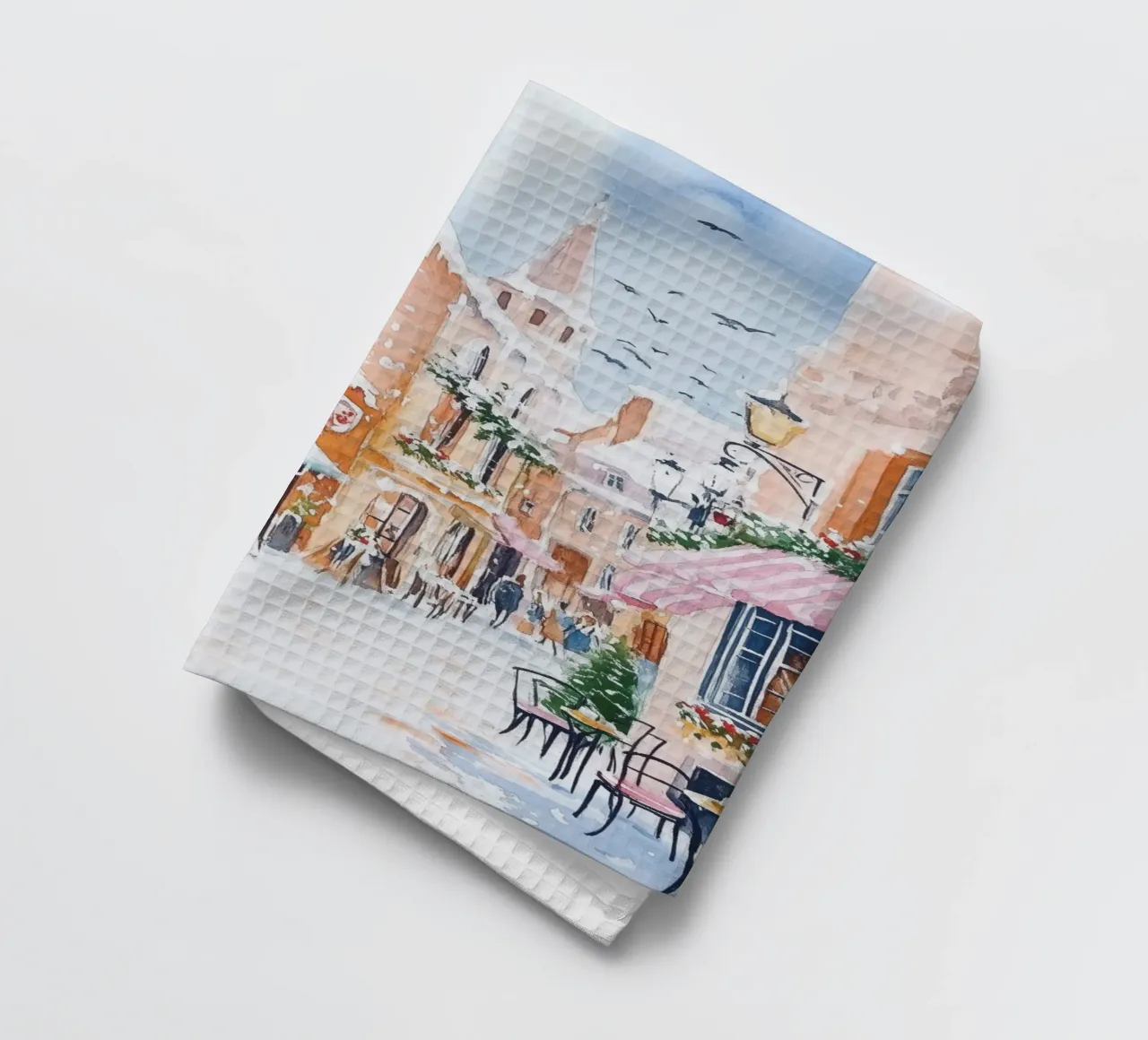 Acquerello di un caffè europeo innevato canovaccio da cucina da Melloi Art Print