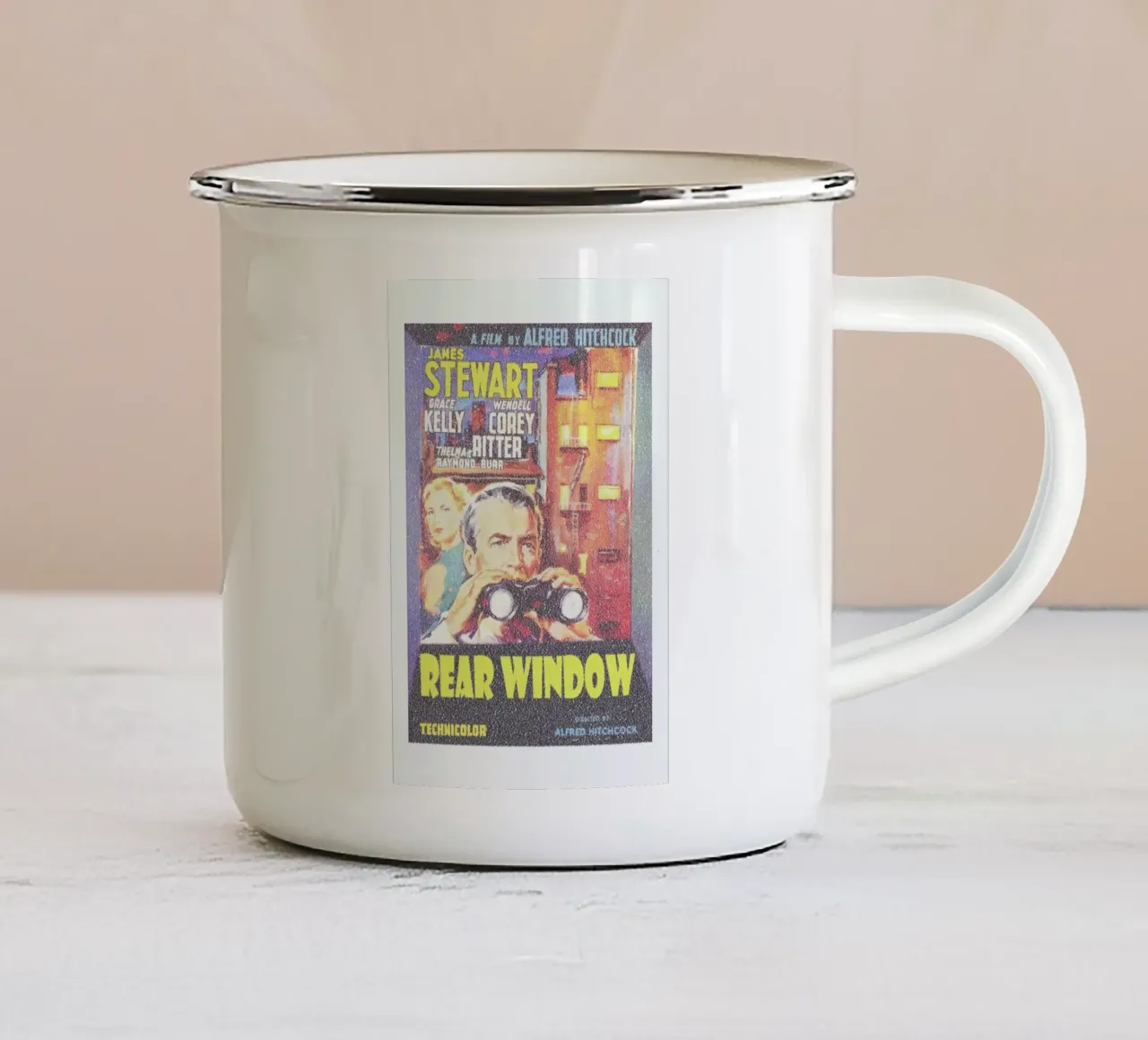 Rear Window taza de esmalte de Robotic Ewe