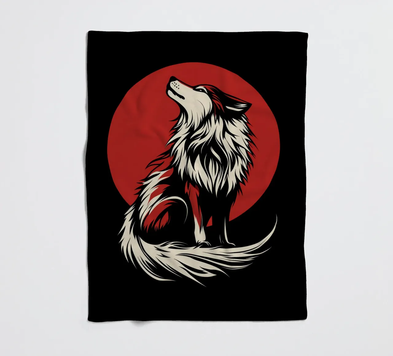Mystical wolf-dog in front of blood moon fleece blanket by Autofocus
