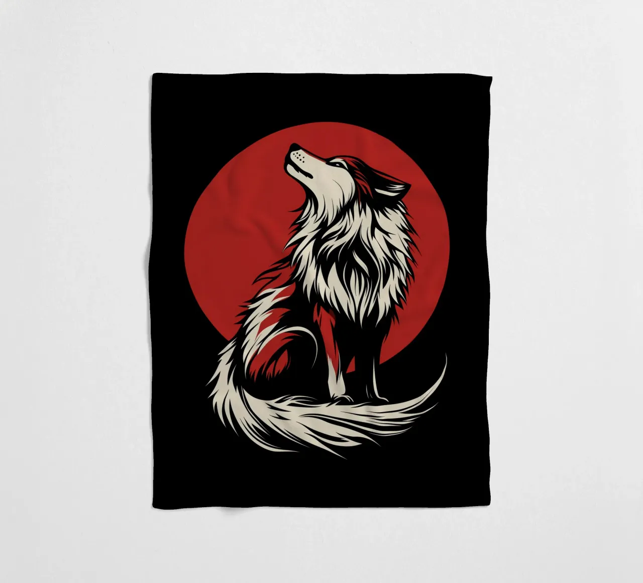 Mystical wolf-dog in front of blood moon fleece blanket by Autofocus