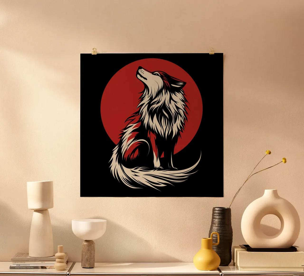 Cane-lupo mistico davanti alla luna di sangue poster con telaio in alluminio da Autofocus
