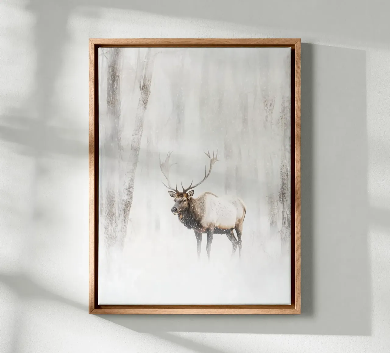 Moose in a snowy winter forest | Nordic poetry canvas with Floater frame by Autofocus