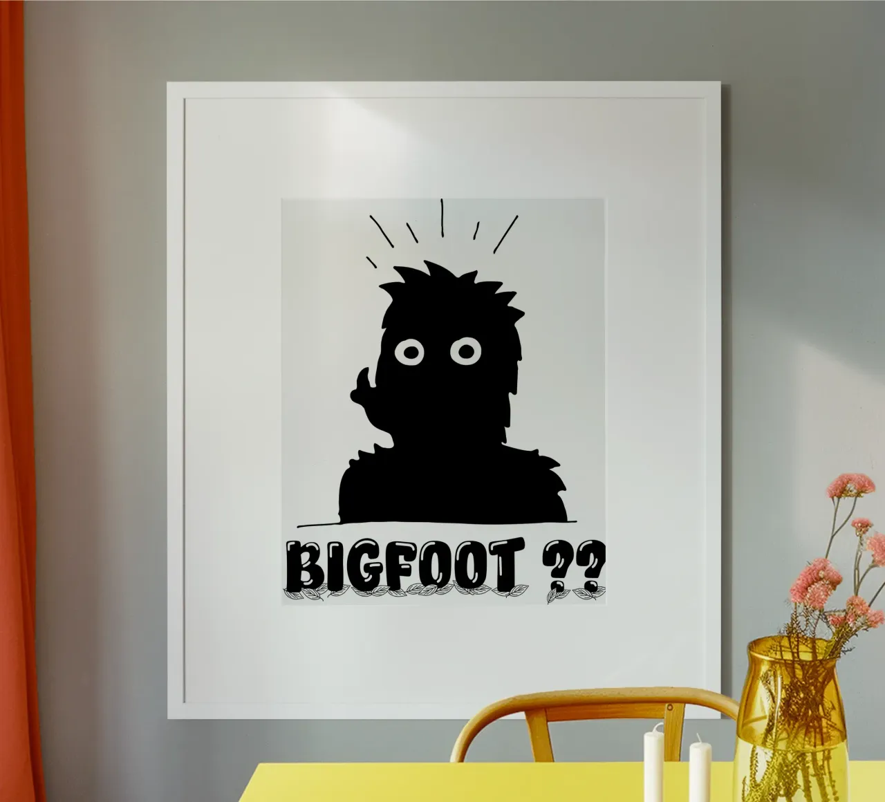 Illustrazione minimale del Bigfoot Sasquatch poster con telaio in legno da sillyindustries