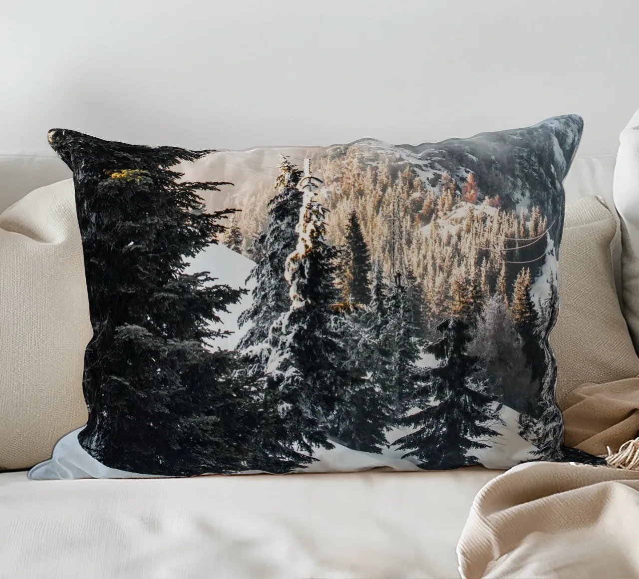 Winter mountain landscape Sunbeams decorative cushion by Whole©