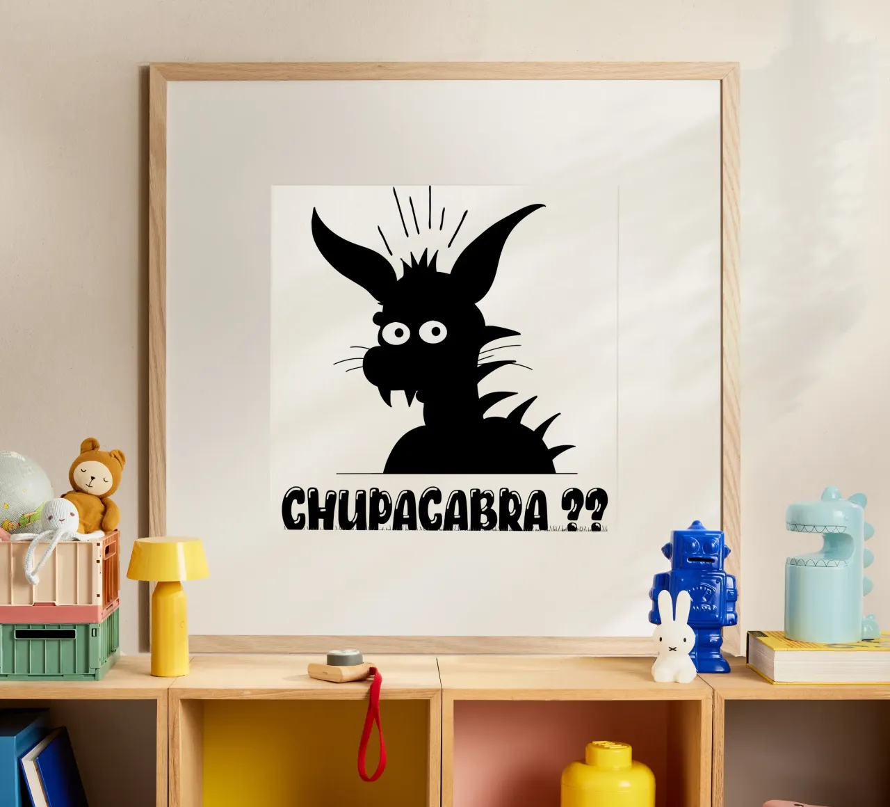 Chupacabra Divertente Illustrazione minima dei cartoni animati poster con telaio in alluminio da sillyindustries