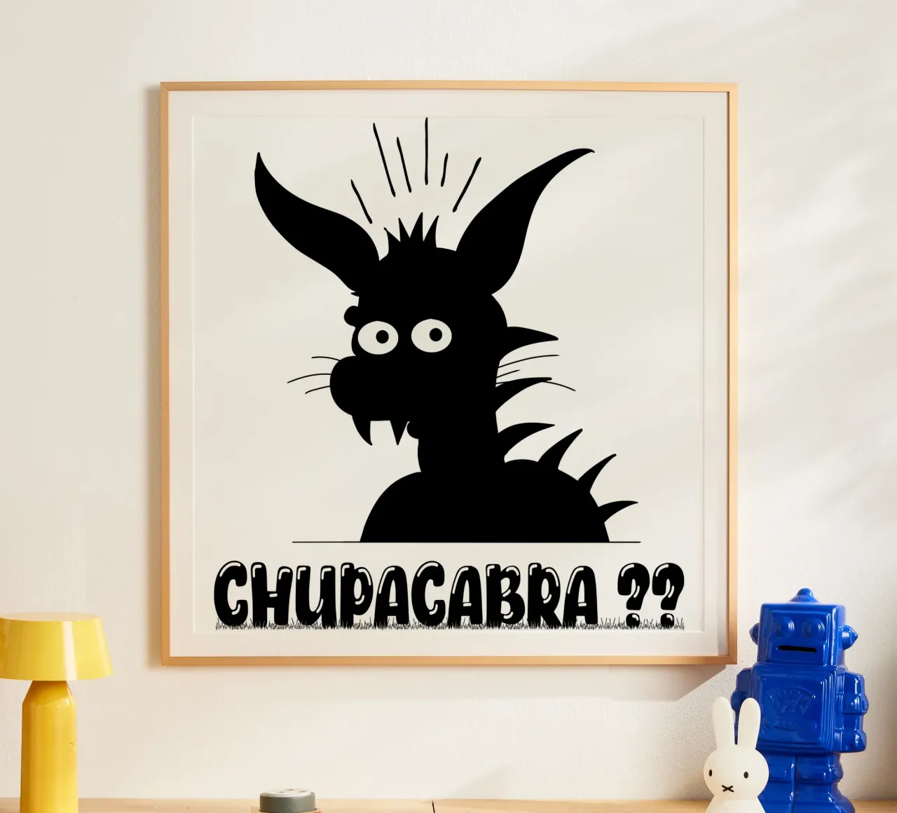 Chupacabra Divertente Illustrazione minima dei cartoni animati poster con telaio in alluminio da sillyindustries