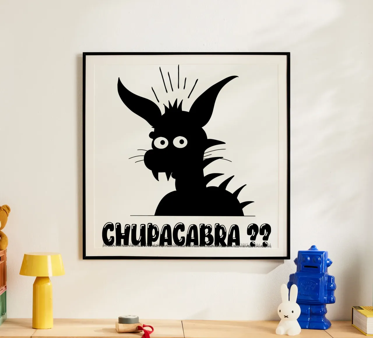 Chupacabra Divertente Illustrazione minima dei cartoni animati poster con telaio in alluminio da sillyindustries