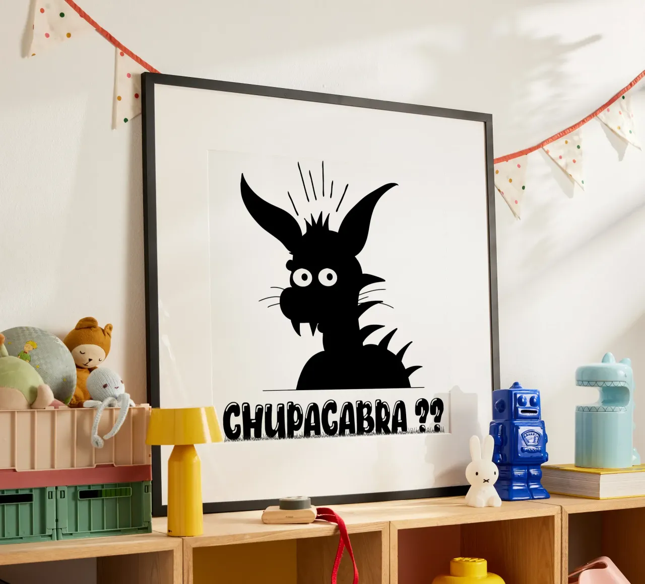 Chupacabra Divertente Illustrazione minima dei cartoni animati poster con telaio in alluminio da sillyindustries