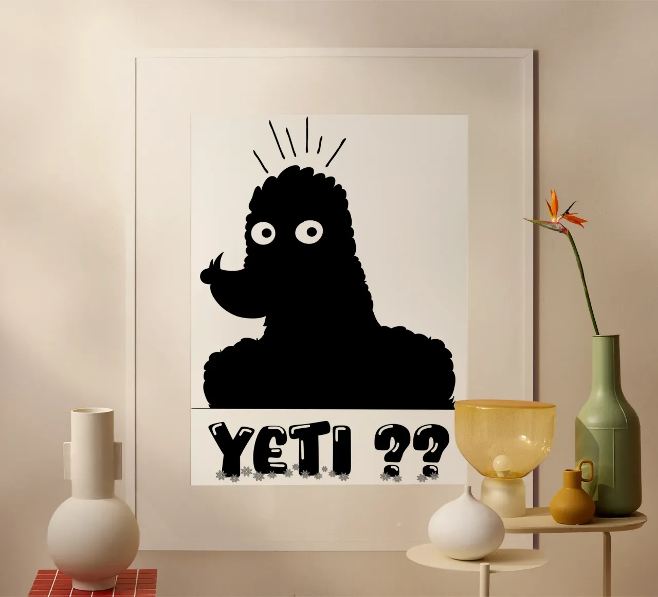 Yeti abominevole pupazzo di neve divertente illustrazione minimale poster con telaio in alluminio da sillyindustries