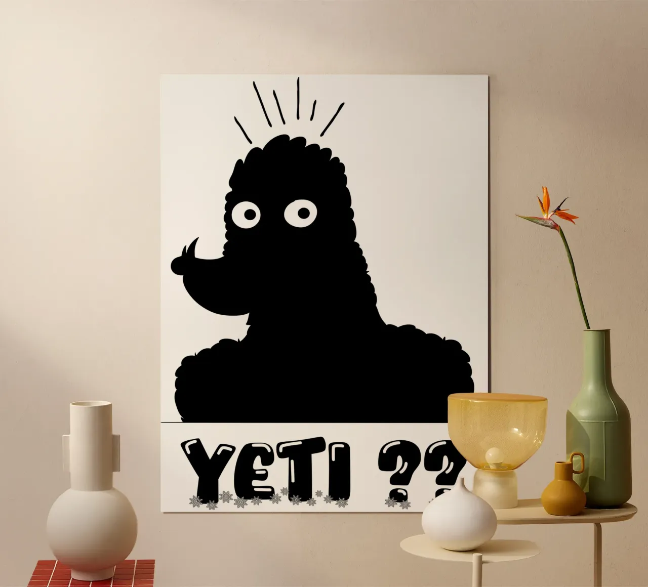 Yeti abominevole pupazzo di neve divertente illustrazione minimale poster con telaio in alluminio da sillyindustries
