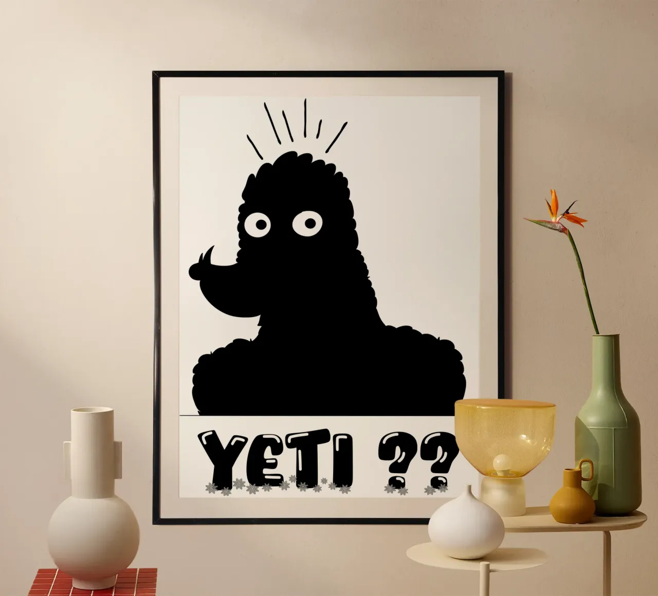 Yeti abominevole pupazzo di neve divertente illustrazione minimale poster con telaio in alluminio da sillyindustries