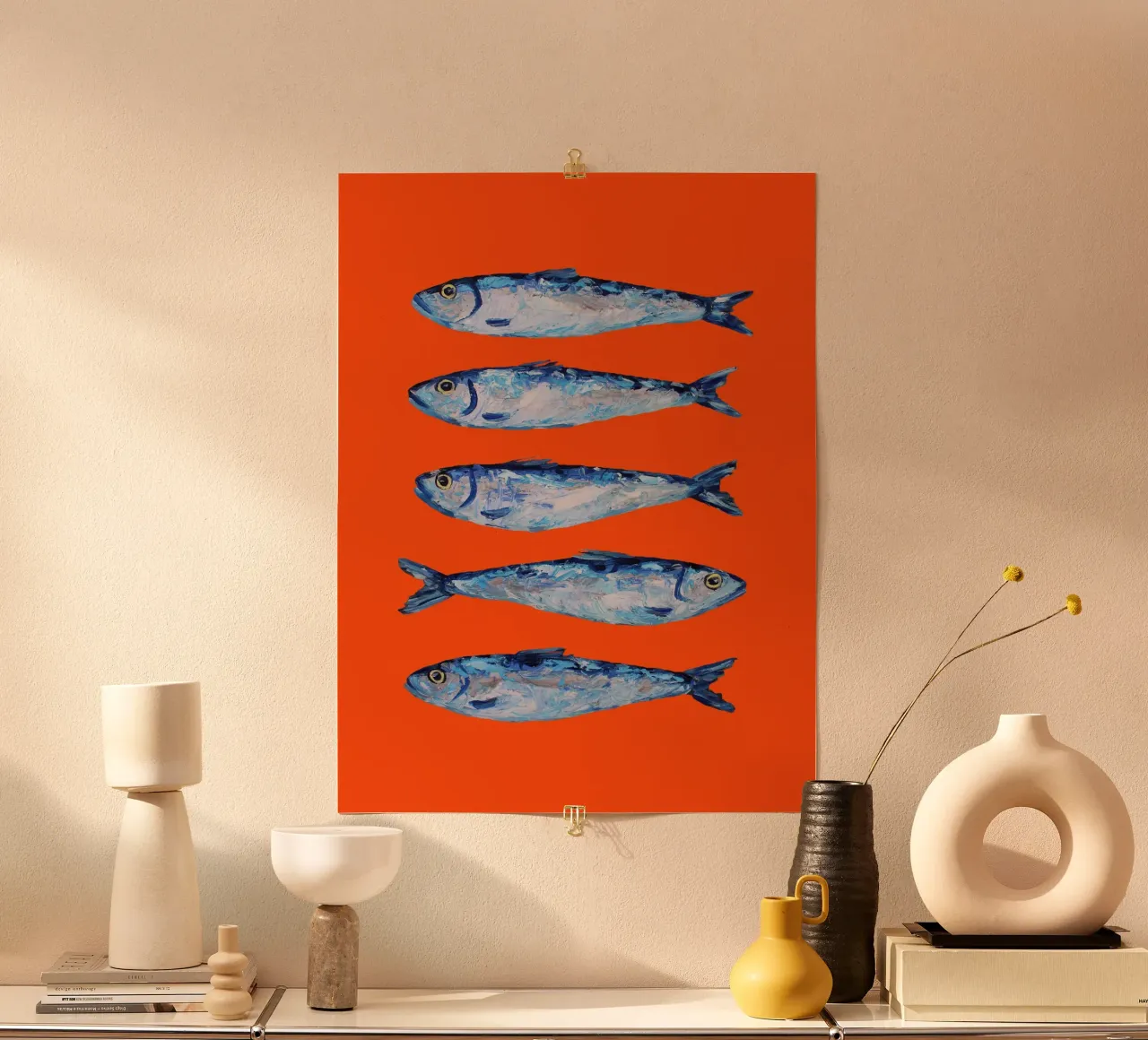Sardines on Orange poster met kunststof frame van Alice Straker
