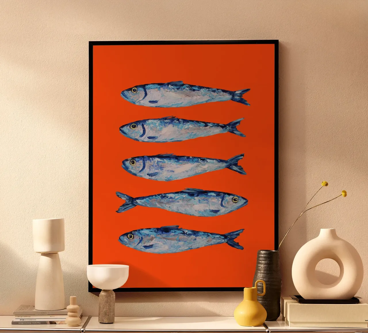 Sardines on Orange poster met kunststof frame van Alice Straker