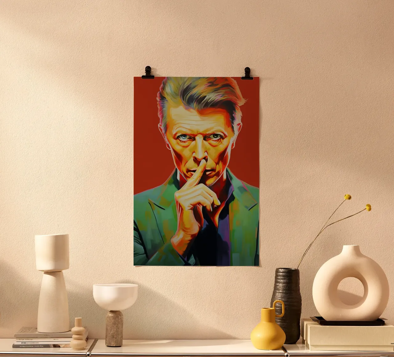 David Bowie, Stella eterna arancione poster con telaio in legno da Carinaprint