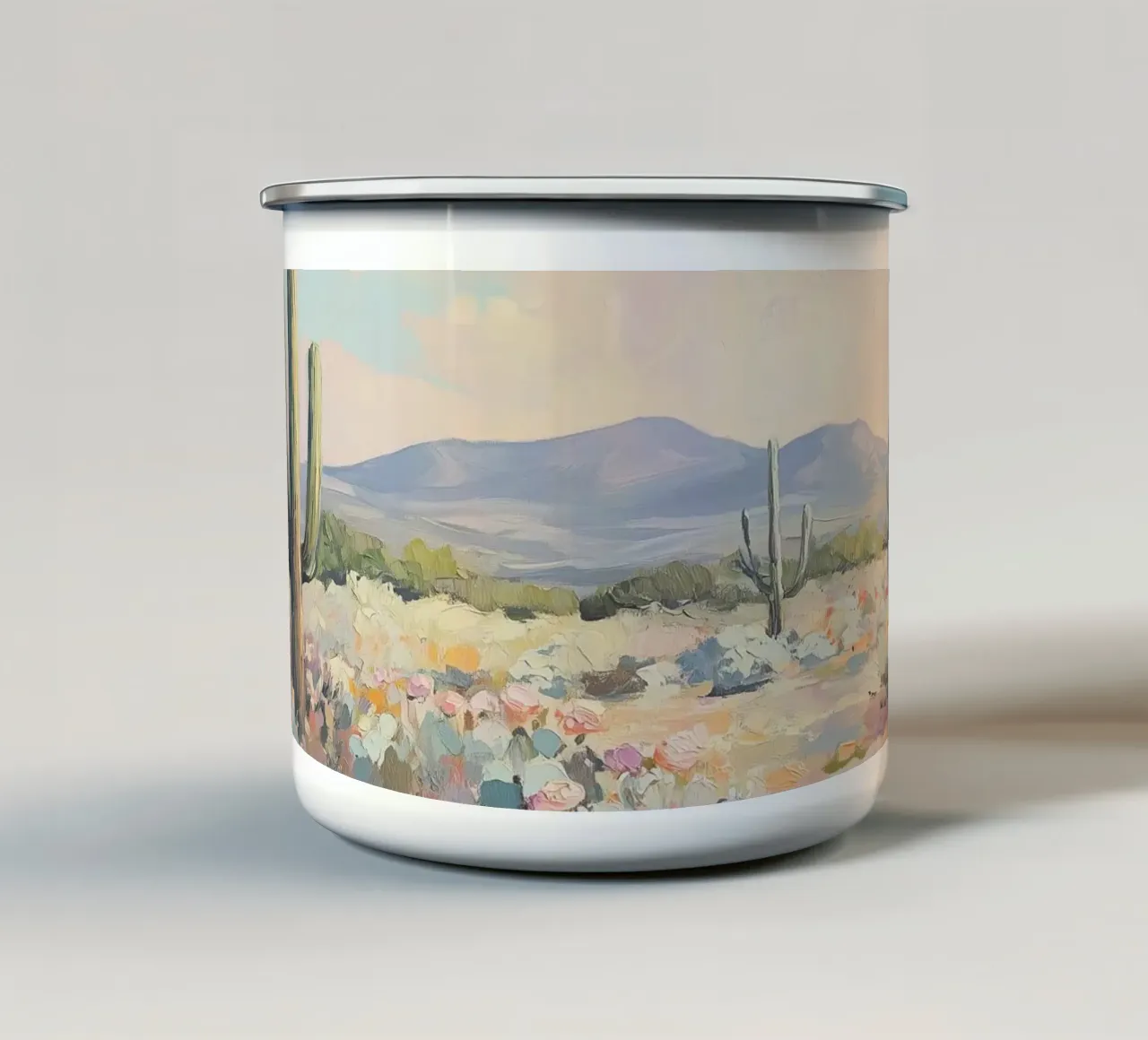 Paesaggio desertico con cactus tazza in smalto da Melloi Art Print