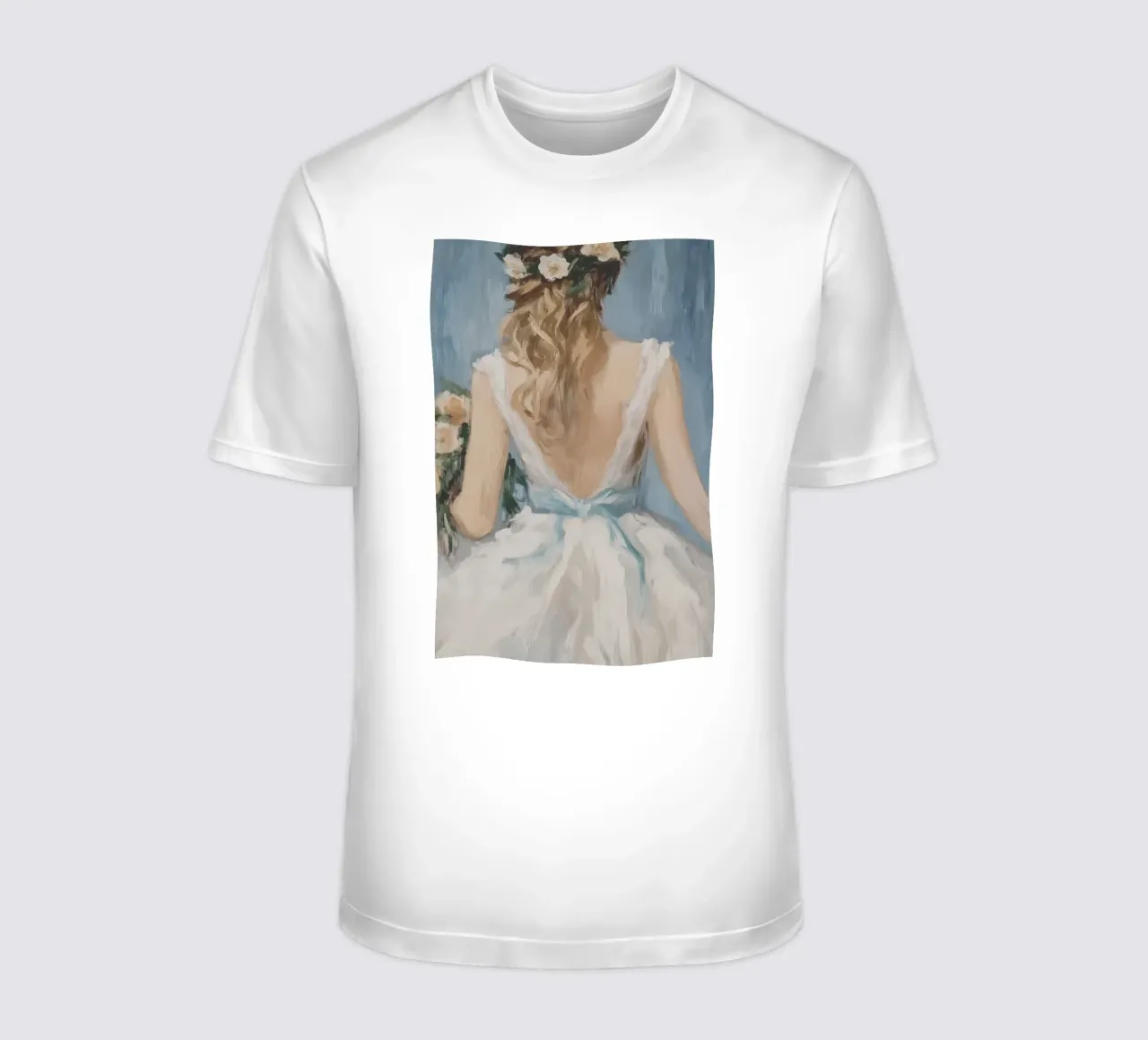 White Dress Blue Ribbon Portrait t-shirt by Melloi Art Print