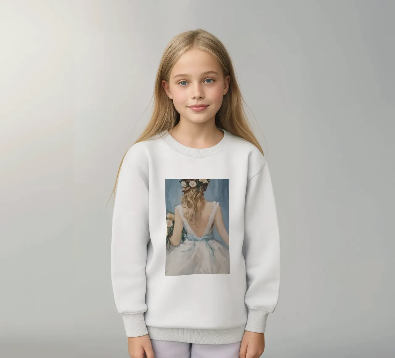 White Dress Blue Ribbon Portrait kids sweatshirt by Melloi Art Print