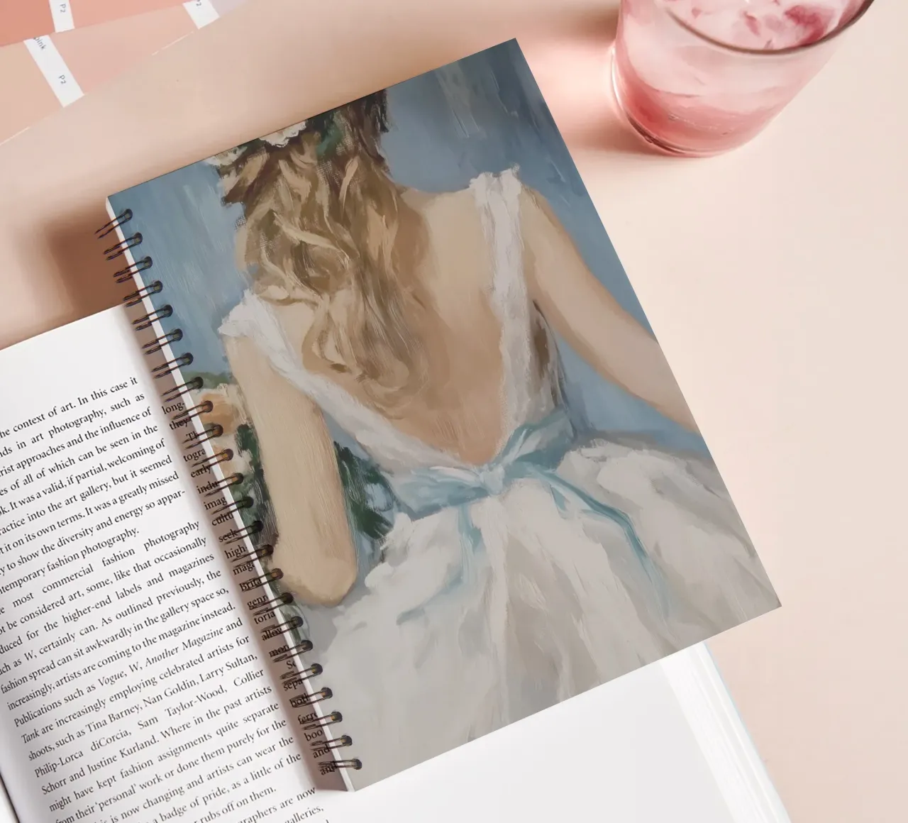 White Dress Blue Ribbon Portrait spiral notebook by Melloi Art Print