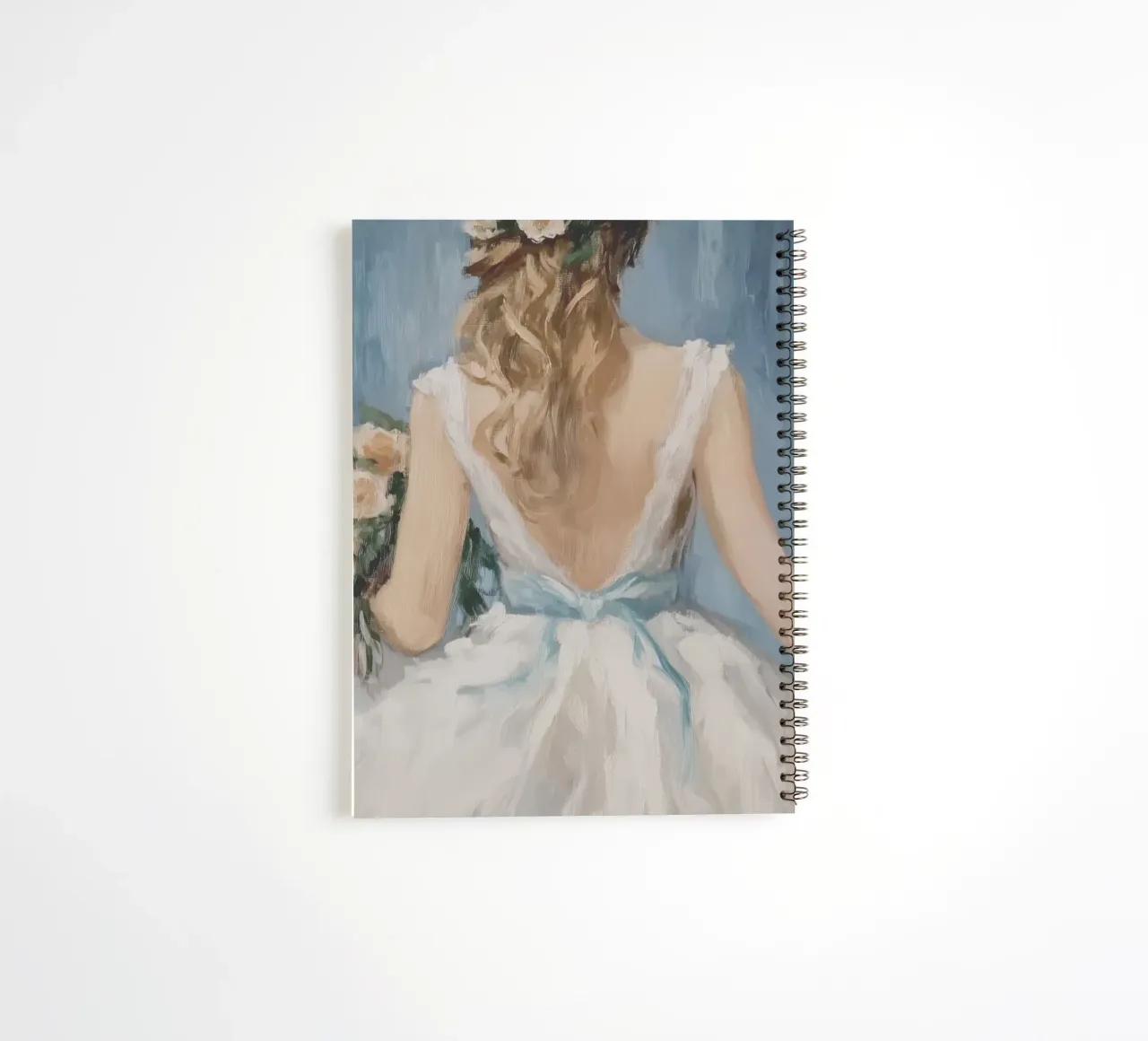 White Dress Blue Ribbon Portrait spiral notebook by Melloi Art Print