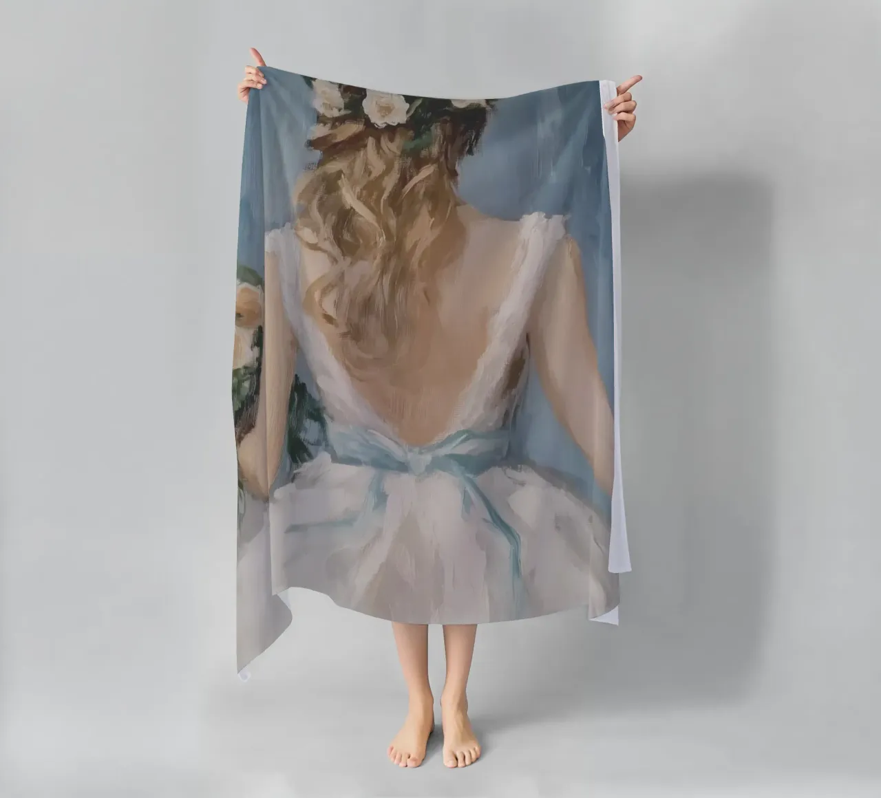 White Dress Blue Ribbon Portrait beach towel by Melloi Art Print