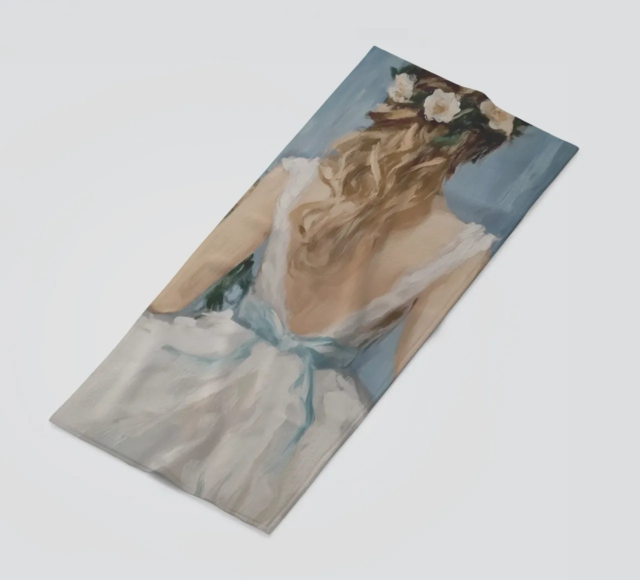 White Dress Blue Ribbon Portrait beach towel by Melloi Art Print