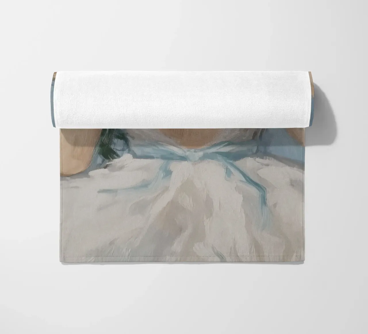 White Dress Blue Ribbon Portrait beach towel by Melloi Art Print