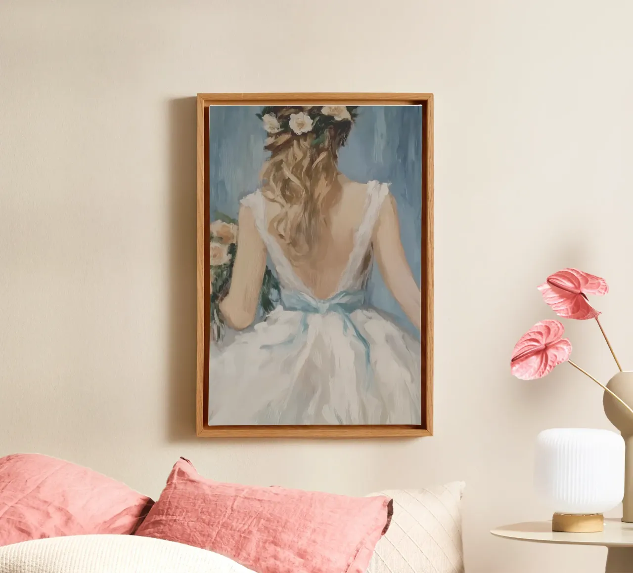 Portret met witte jurk en blauw lint canvas van Melloi Art Print