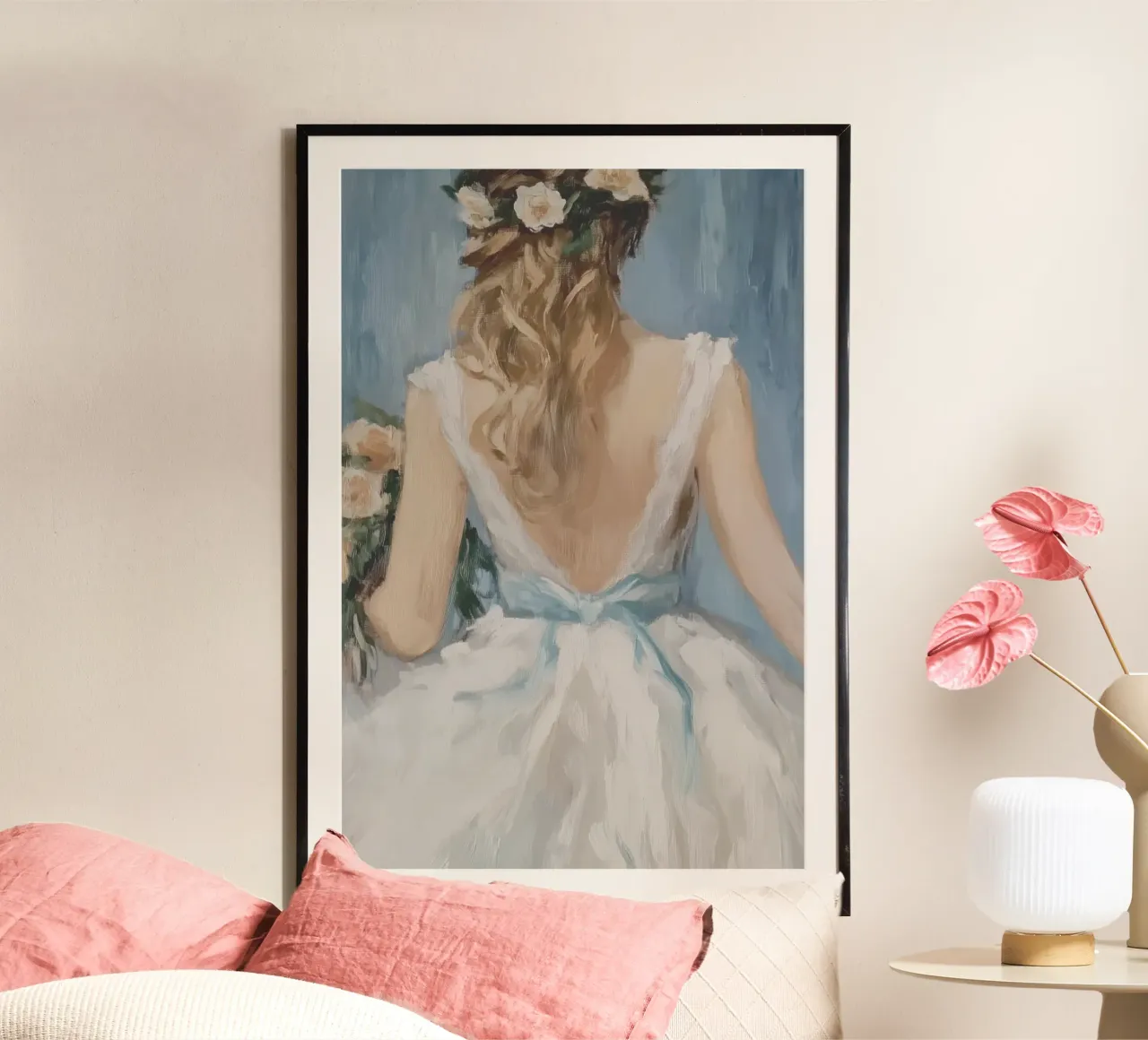 Weißes Kleid Blaues Band Porträt Hahnemühle von Melloi Art Print