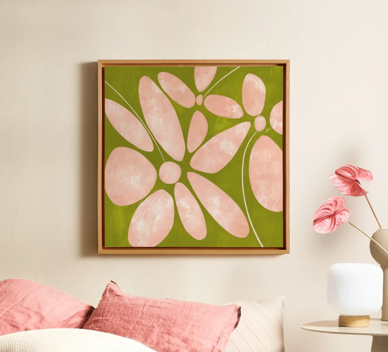 Large Flowers | Peach & Green canvas with Floater frame by sabidussi