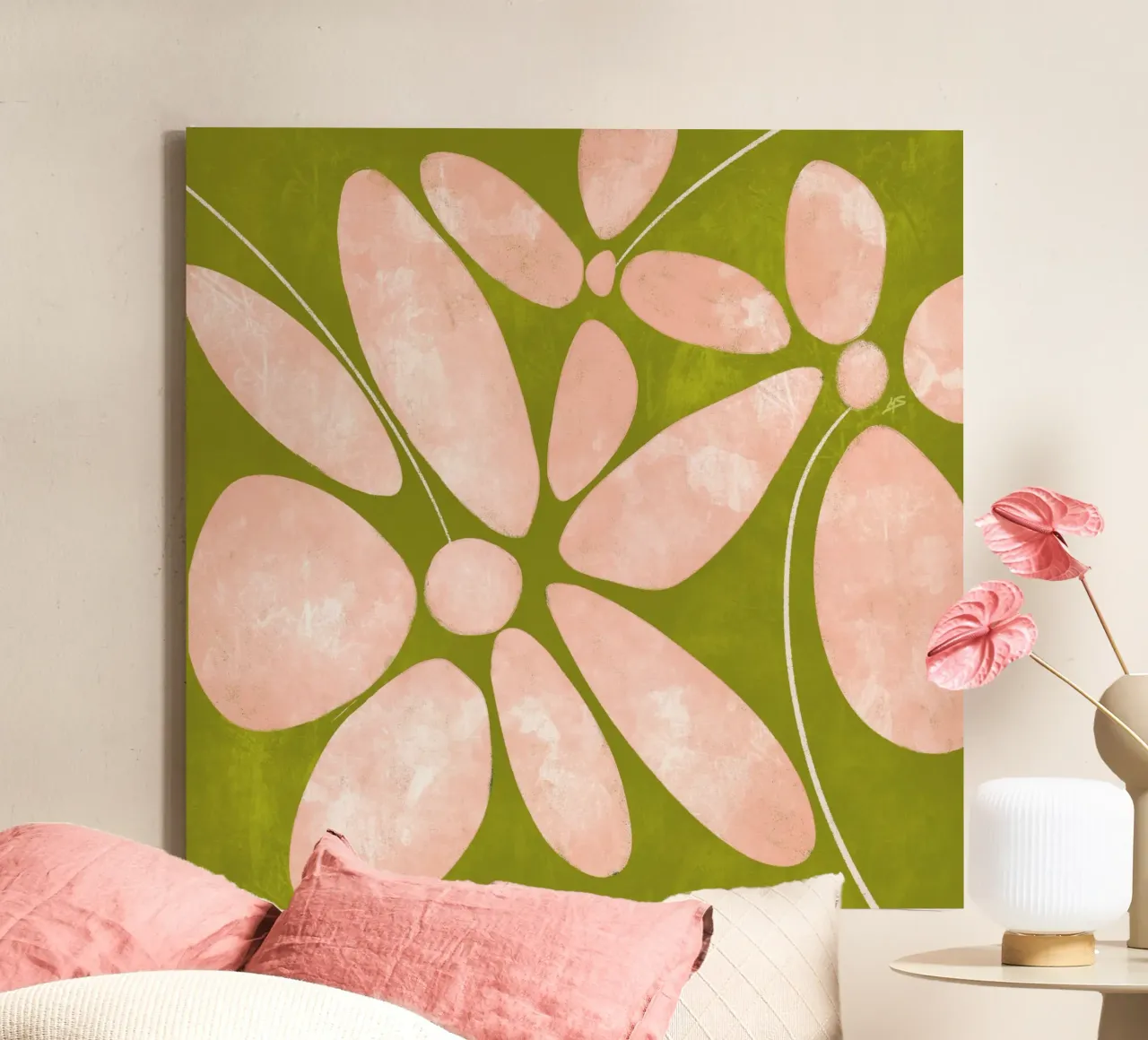 Large Flowers | Peach & Green canvas with Floater frame by sabidussi