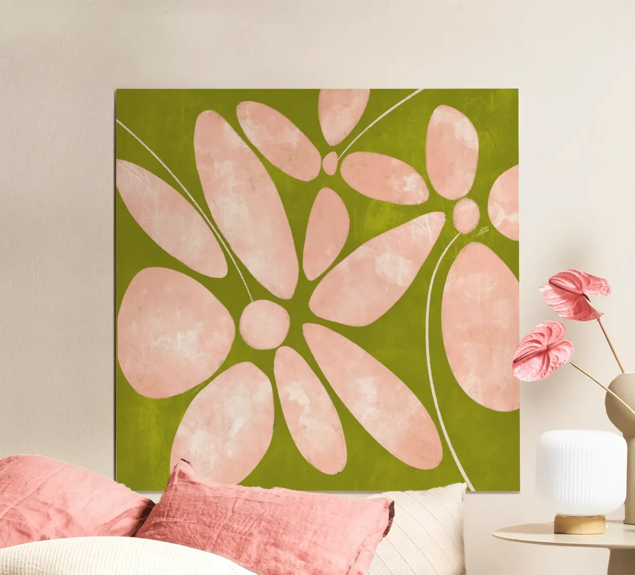 Large Flowers | Peach & Green poster with wooden frame by sabidussi