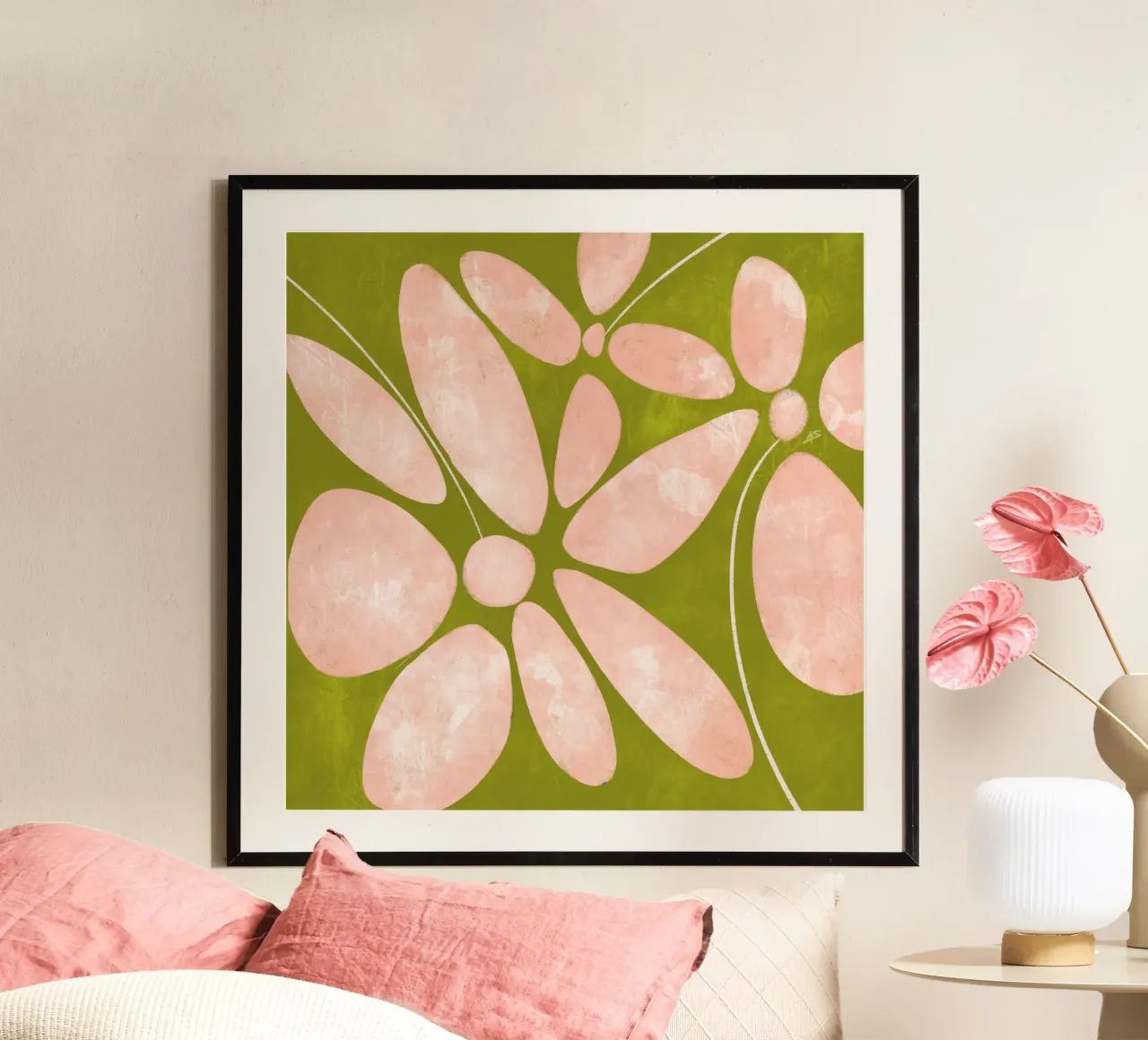 Large Flowers | Peach & Green poster with wooden frame by sabidussi