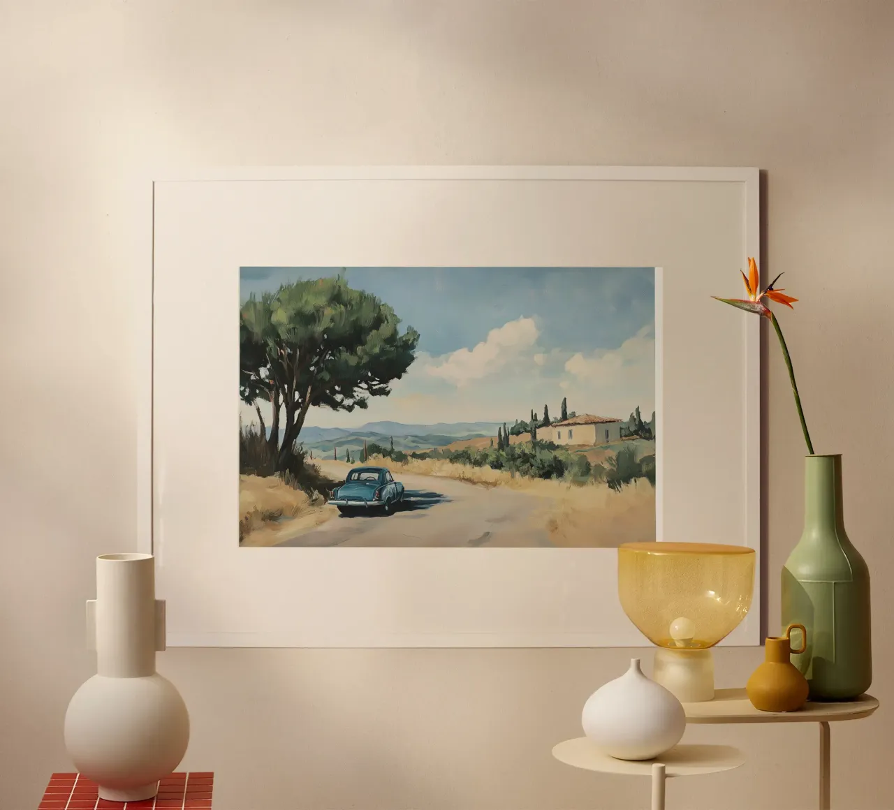 Auto d'epoca su una strada di campagna italiana poster con telaio in plastica da Melloi Art Print