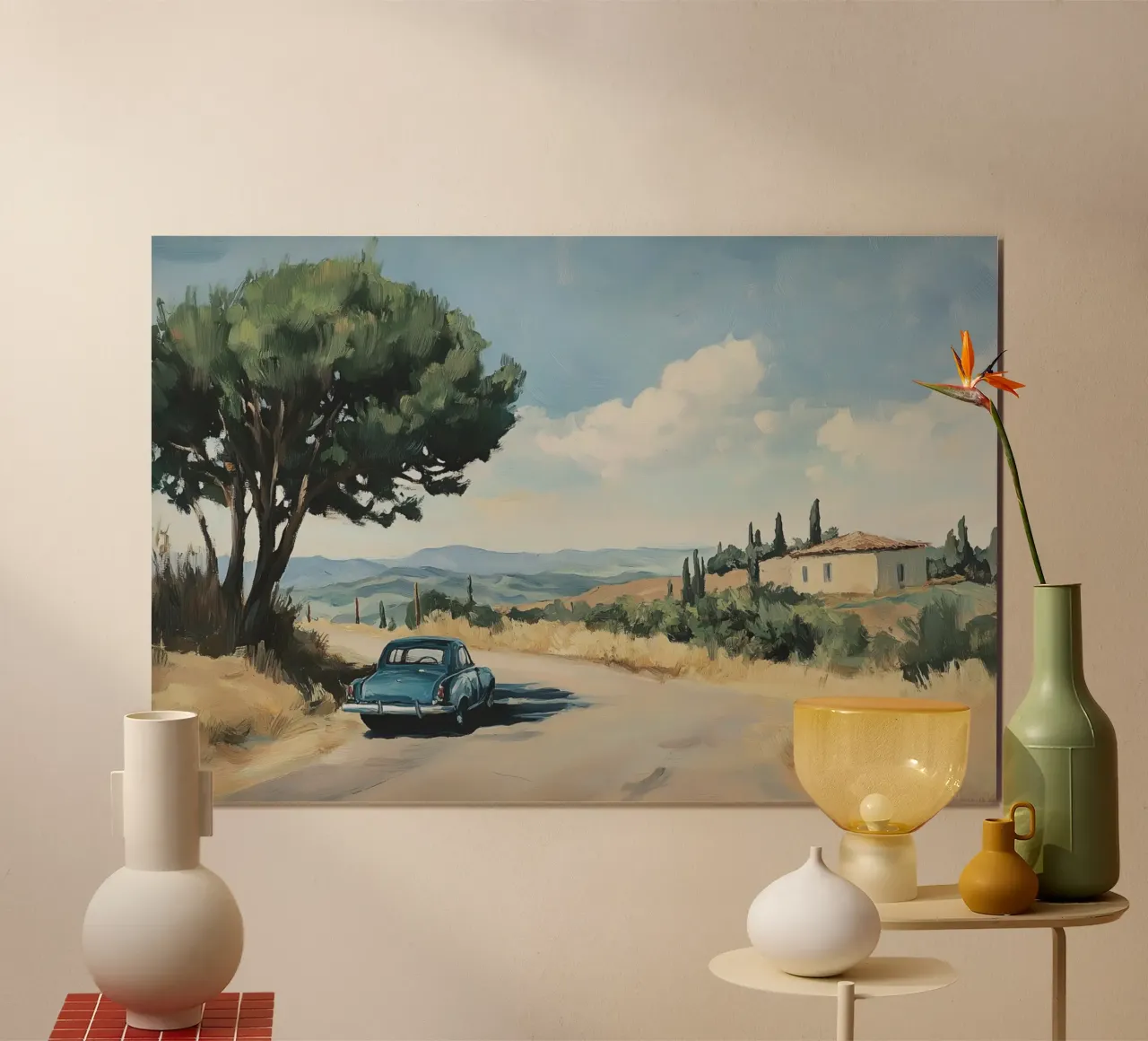Auto d'epoca su una strada di campagna italiana poster con telaio in plastica da Melloi Art Print