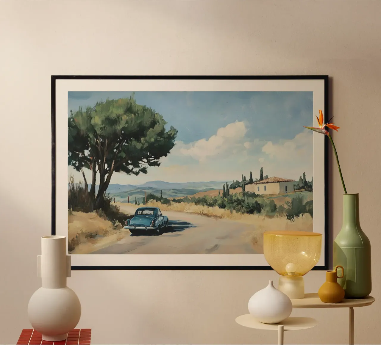 Auto d'epoca su una strada di campagna italiana poster con telaio in plastica da Melloi Art Print