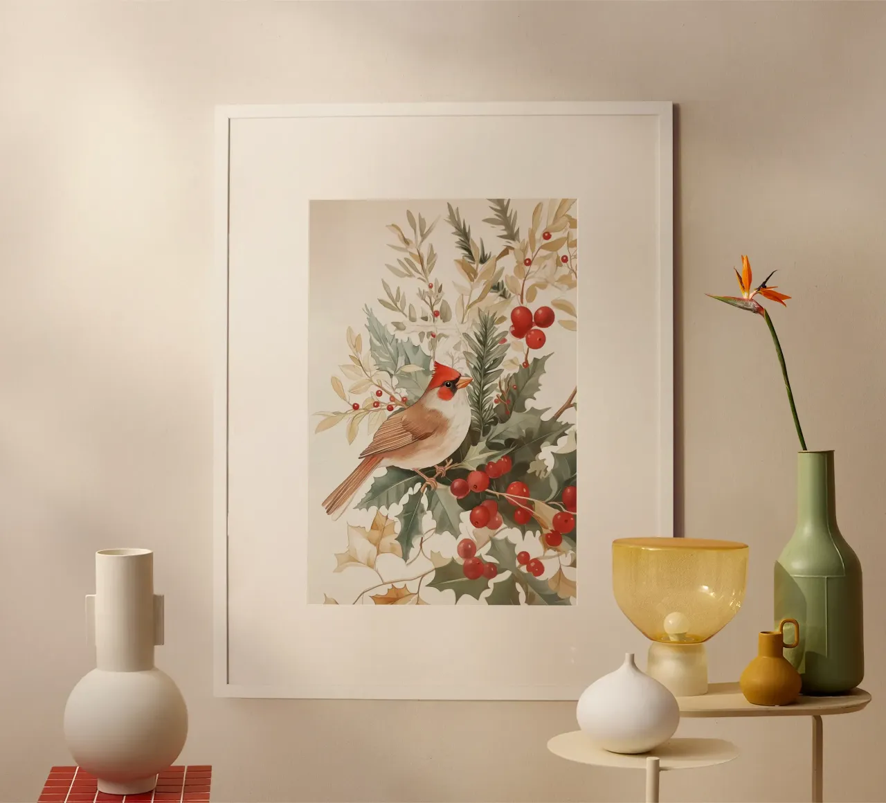 Arte natalizia con cardinali e agrifogli carta hahnemühle da Melloi Art Print