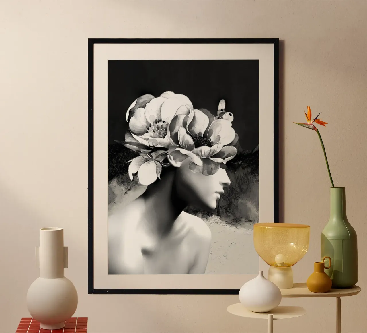 Retrato floral-negro y blanco poster con marco de aluminio de dada22