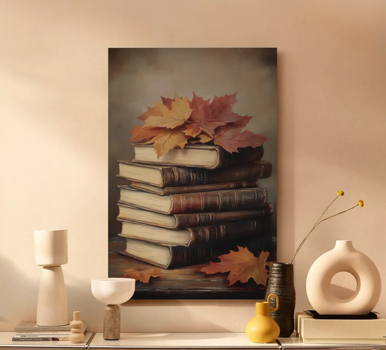 Libri d'autunno e foglie d'acero alluminio dibond da Melloi Art Print