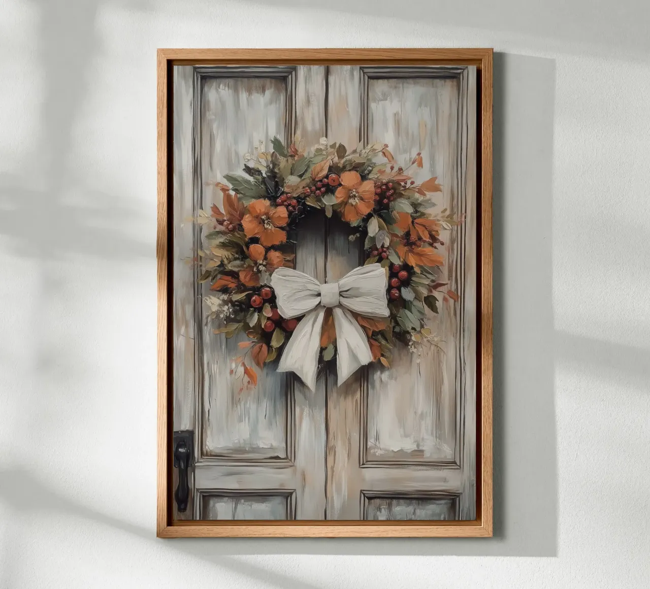 Herbstkranz mit weißer Schleife Leinwand mit Schattenfugenrahmen von Melloi Art Print