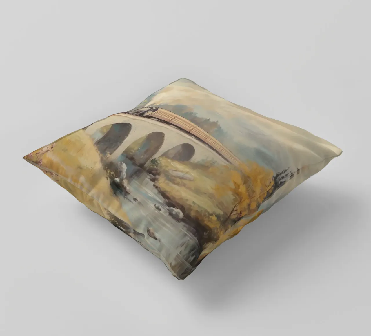 Treno a vapore sul ponte d'autunno cuscino da Melloi Art Print