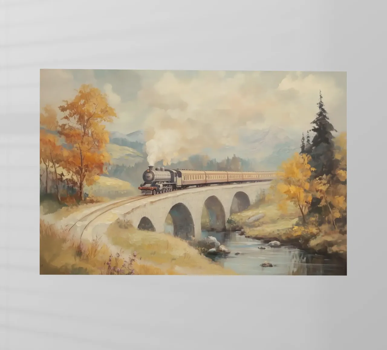 Treno a vapore sul ponte d'autunno pellicola backlit da Melloi Art Print
