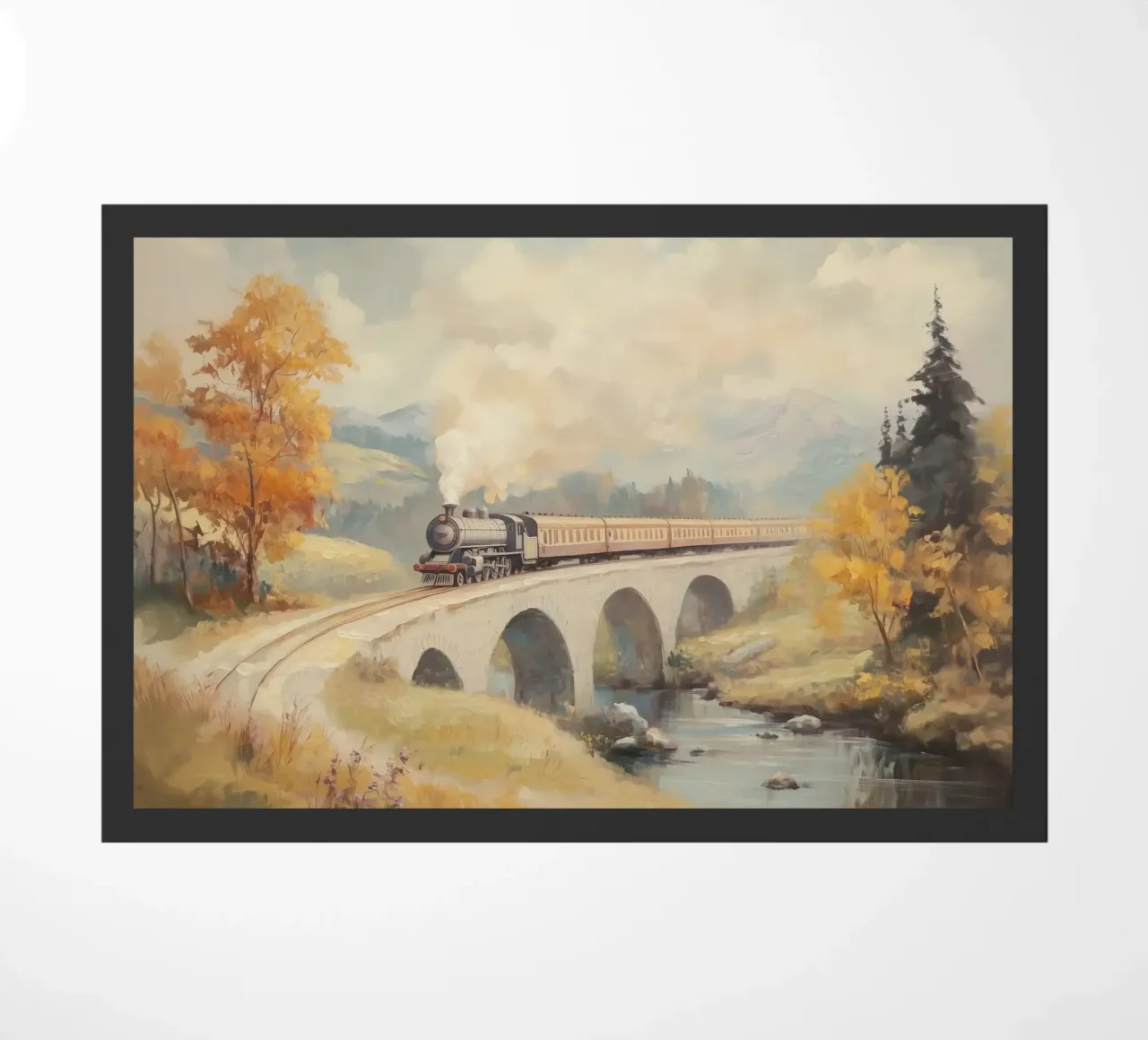 Treno a vapore sul ponte d'autunno zerbino da Melloi Art Print