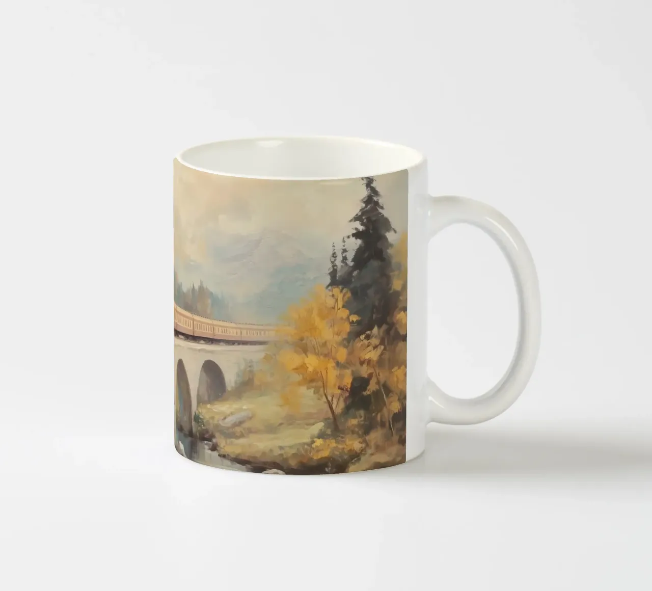 Treno a vapore sul ponte d'autunno tazza in ceramica da Melloi Art Print